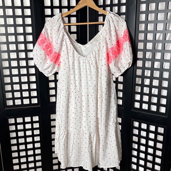 LOFT Dresses & Skirts - 🤍LOFT White Midi Dress Pink Lace Accents Lined Comfy Soft Cotton Blend M🤍